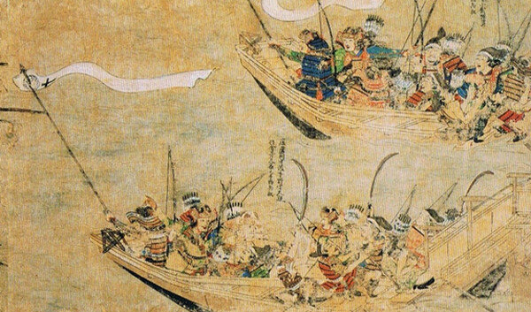 여몽연합군에 맞서 해전을 벌이는 일본군을 그린 ‘몽고습래회도(1293)’. 1350년 이후 고려를 침공한 왜구는 일본 남조 정부군이었다는 점에서 이와 비슷했을 가능성이 크다 [위키피디아]