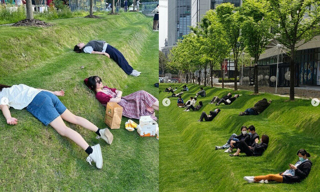 점심시간에 줄줄이…빌딩 숲 ‘잔디 침대’에 드러눕는 직장인들