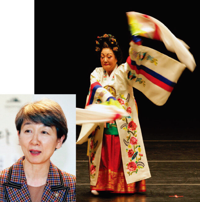 강선영류 태평무(오른쪽)와 정재숙 문화재청장. [뉴시스, 조영철 기자]