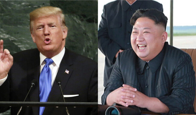 도널드 트럼프 미국 대통령이 9월 20일 유엔총회에서 “북한의 완전한 파괴”를 말하고 있다. 김정은 북한 노동당 위원장이 9월 15일 ‘화성-12형’ 발사를 지켜보면서 웃고 있다.[동아DB]