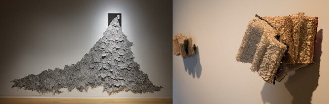 청조 갤러리 전시품 중 페이퍼맨이 끊임없이 종이를 토해내는 모습을 형상화한 이주연 작가의 ‘엔트로피컬’(2008). 청조 갤러리 전시품 중 ‘폭풍의 언덕’과 ‘춘희’ 등의 책을 난도질해 해체한 뒤 재구성한 이지현 작가의 작품들(2017).(왼쪽부터)[뮤지엄 산 제공]