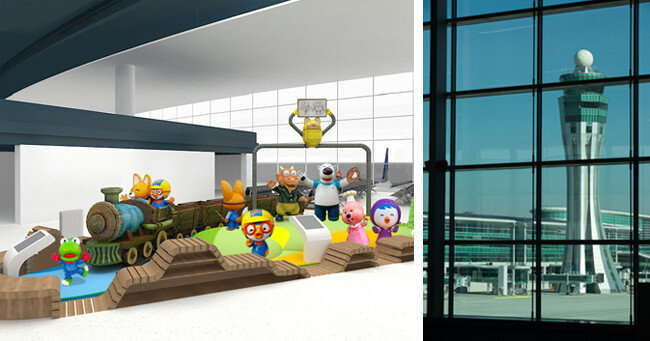 출국장 보호구역에 설치되는 어린이 놀이시설 투시도(왼쪽). 출국장 보안구역 동쪽 윙 팁에서 바라본 바깥 활주로 풍경. [인천국제공항공사 제공, 조영철 기자]