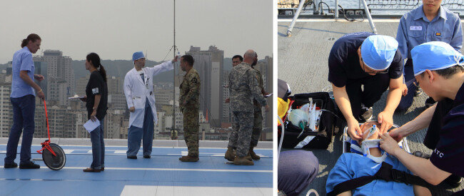 경기 수원시 아주대병원 옥상에 설치된 헬기 착륙장(왼쪽). 경기 남부 권역외상센터는 매년 한미 연합 군사훈련에 참
여한다. [박해윤 기자]