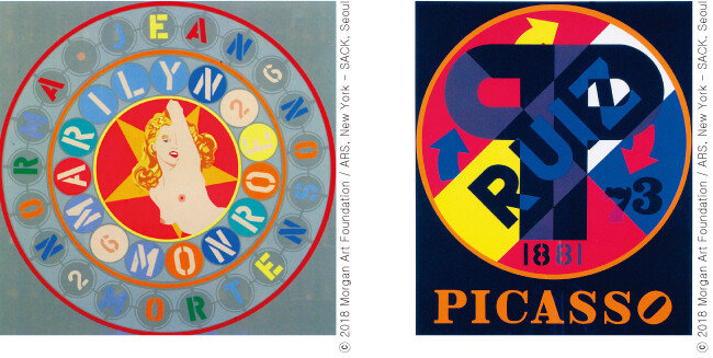 Robert Indiana, ‘Marilyn-Norma Jean’, 1951, Robert Indiana, ‘Pablo Ruiz Picasso’, 1973(왼쪽부터)
