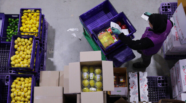 한 직원이 물류센터에 입고된 레몬, 사과, 배, 아보카도 등을 확인하고 있다. [박해윤 기자]
