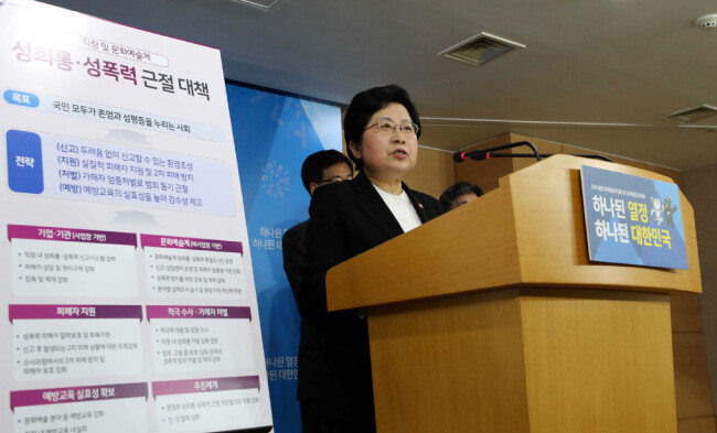정현백 여성가족부 장관이 3월 8일 오전 서울 종로구 세종대로 정부서울청사 브리핑룸에서 직장 및 문화예술계 성희
롱·성폭력 근절 대책을 발표하고 있다. [뉴시스]