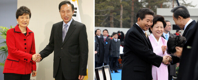 2007년 12월 29일 대통령 당선자 집무실에서 박근혜 당시 한나라당 대표와, 2008년 2월 25일 열린 제17대 대통령 취임식에서 노무현 이임대통령 내외와 인사하는 이명박 전 대통령. 세 대통령 모두 검찰 포토라인 앞에 서는 비극을 맞았다.