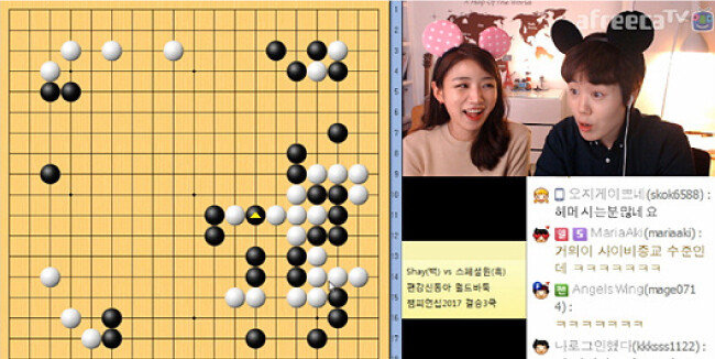 2017년 열린 ‘제6회 편강-신동아배 월드바둑챔피언십’ 결승 제3국에서 ‘스페셜원’(홍성지 9단)의 끼움수에 깜짝 놀라는 해설자 ‘프로연우’(오른쪽)와 장혜연 바둑캐스터. 이 대국은 아프리카TV를 통해 생중계됐다. [사진제공·사이버오로]
