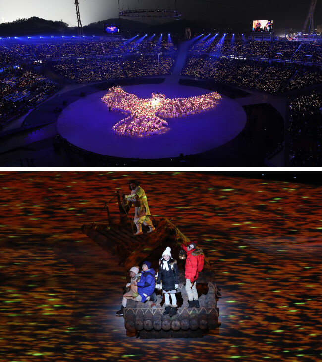 2월 9일 평창 동계올림픽 개막식에서 선보인 LED 촛불 비둘기 퍼포먼스(위)와 다섯 아이가 연기한 ‘평화를 찾아 떠나는 모험’의 한 장면. [KT 제공, 뉴시스]