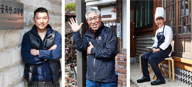김종효 ‘골목안 고깃집’ 사장(맨 왼쪽)과 박건호 ‘리노’ 사장은 도시재생에 기대를 걸고 
순천 원도심에 출사표를 던진 
청년 사업자다. 가운데는 직접 한옥 되살리기에 나서며 주민 주도 도시재생을 이끌고 있는 김정진 순천도시재생주민협의회 회장. [홍중식 기자]
