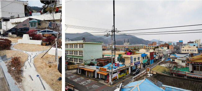 향동 자투리땅마다 조성된 ‘한 평 정원’. 모두 7개의 한 평 정원이 마련돼 있다.(왼쪽) 앞으로 마을공동체 살리기 등 2단계 도시재생 사업이 펼쳐질 저전동 일대. [홍중식 기자]