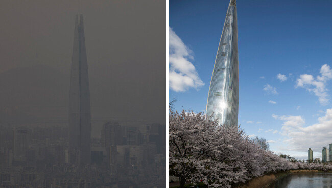 미세먼지 ‘매우 나쁨’이던 1월 18일 남한산성에서 촬영한 롯데월드타워 일대(왼쪽)와 ‘좋음’이던 4월 12일 석촌호수에서 촬영한 롯데월드타워 일대가 대비된다. [조영철 기자]