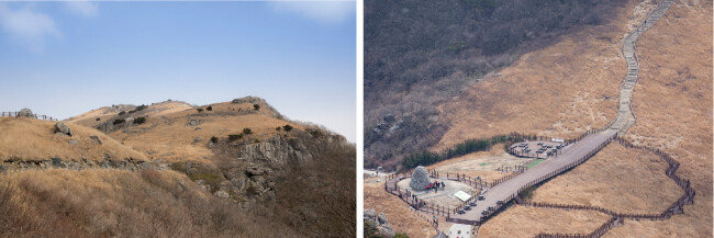 임도에서 바라본 간월산.(왼쪽) 억새가 가득 펼쳐진 간월재