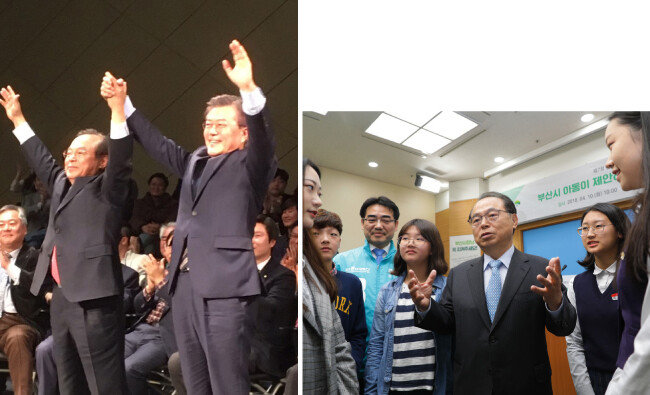 오거돈 전 장관은 지난 대선에서 문재인 후보 부산시 상임선대위원장으로 활동했다(왼쪽). 부산 지역 청소년들과 이야기를 나누는 오거돈 전 장관. [박해윤 기자]