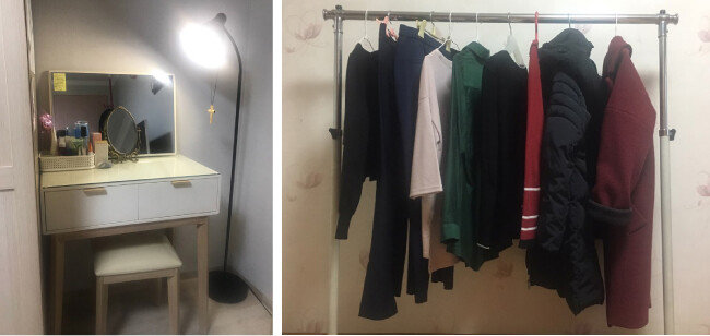 화장품 노 쇼핑 중인 임성은 씨의 간결한 화장대(왼쪽)와 옷 노 쇼핑 중인 강연서(가명) 씨의 행거. 즐겨 입는 옷만 따로 모아놨다. [임성은 제공]