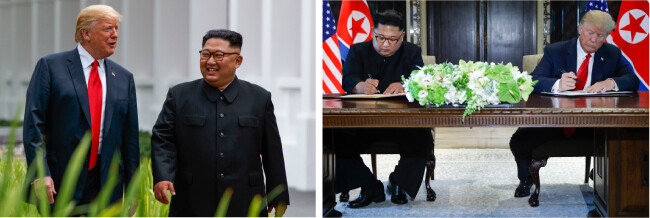 북·미 정상이 6월 12일 오찬 후 카펠라 호텔 경내를 산책하고 있다.(왼쪽) 6월 12일 북·미 정상이 공동성명에 서명하고 있다. 