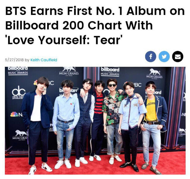 세계 최고 권위의 음악 차트 빌보드는 5월 28일 인터넷 홈페이지를 통해 방탄소년단 3집 ‘LOVE YOURSELF 轉 ‘Tear’’가 빌보드 200 1위에 올랐다고 알렸다. [빌보드홈페이지 캡처
]