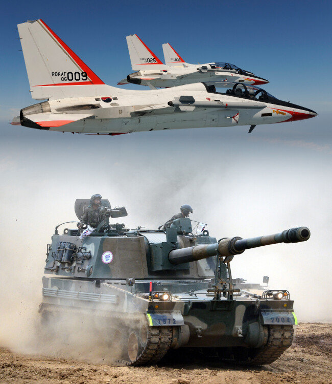 미국 시장 진출을 눈앞에 둔 한국항공우주산업(KAI)의 주력 제품 T-50.(위) 2010년 북한의 연평도 포격 당시 대응 포격으로 깊은 인상을 남긴 K-9. 지속적인 수출로 세계 자주포 시장의 절반을 장악한 명품 무기로 거듭났다. 