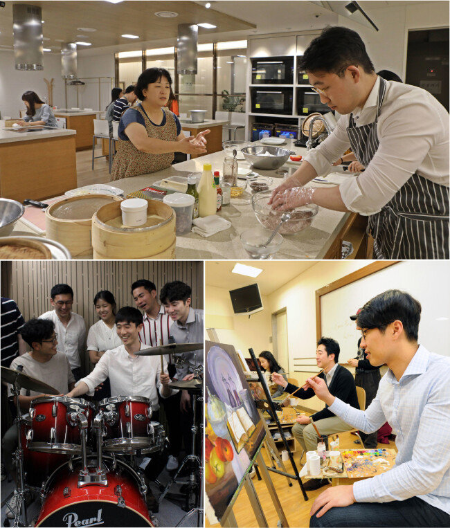 한 남성 직장인이 롯데백화점 문화센터 ‘선물하기 좋은 떡’ 강좌에서 열심히 떡을 만들고 있다. 드로잉·드럼 수업을 듣고 있는 젊은 직장인 수강생들(시계방향순). [사진제공·롯데백화점]
