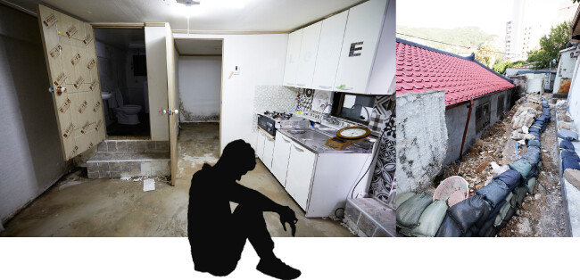 폭우로 살림살이가 다 떠내려간 응암3동 지하방(왼쪽). 옹벽이 허물어지면서 빗물이 안방을 덮쳐 수해를 입은 중계4동 노부부의 집. [홍중식 기자]