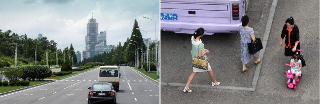 남북 통일농구대회가 열린 7월 3일 촬영한 평양 거리(왼쪽), 7월 5일 평양시민들이 출근하며 거리를 지나고 있다. [사진공동취재단]