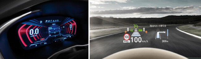 주행 모드에 따라 계기판 색깔이 변하는 12.3인치 3D 클러스터(왼쪽). 운전석 앞 유리에 비친 HUD 화면.