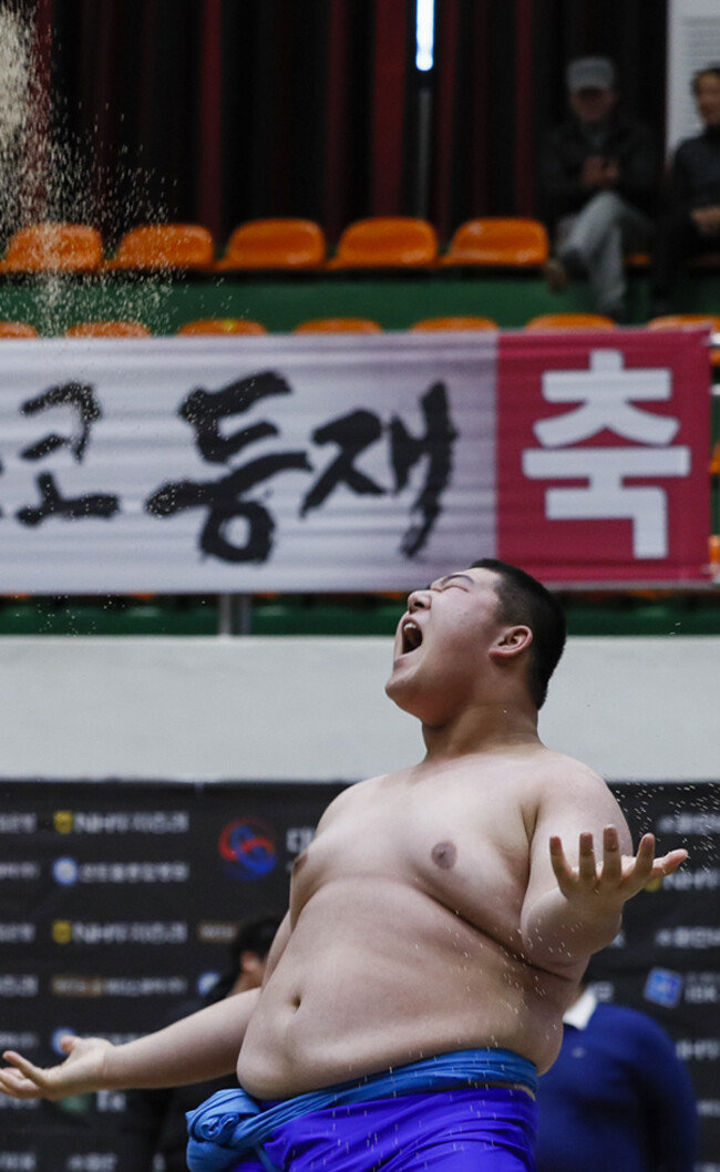 대통령배 2018 전국씨름왕대회에서 중학부 씨름왕에 오른 조민건 군이 승리의 함성을 외치고 있다.