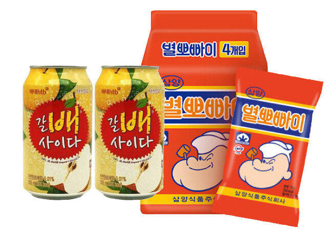 갈아만든 배 사이다와 별뽀빠이(오른쪽).