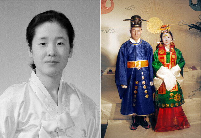 1971년 3차 세계 순회 당시의 한학자 총재(왼쪽). 1960년 3월 16일 성혼식 때의 문선명 총재와 한학자 총재.