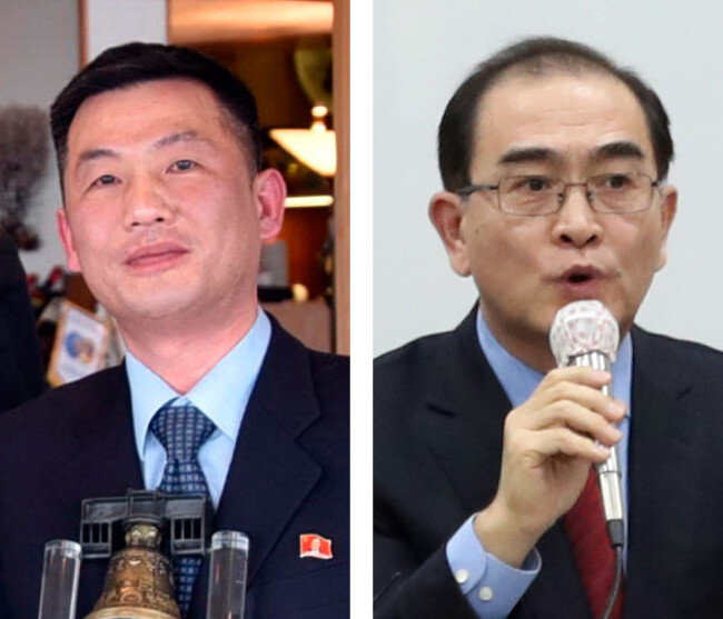 조성길 주이탈리아 북한대사관 대사대리(왼쪽), 태영호 전 영국주재 북한 공사. [뉴시스]