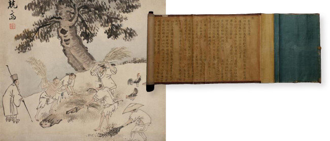 김득신의 작품으로 가을걷이를 해 타작하는 모습을 그린 그림. 정묘호란 직후 큰 가뭄이 들자 조정은 진휼 대책을 마련했다(왼쪽). 유백증 정사공신교서. 정묘호란 직후 큰 가뭄이 들어 백성들이 도탄에 빠지자 당시 병조 참의였던 유백증이 임금의 사재를 털어 백성에게 나눠주고 종친들에게 하사한 땅도 백성에게 돌려주자고 건의했다. [간송미술관]