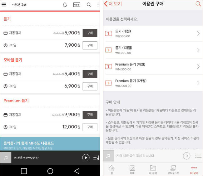 플레이스토어와 앱스토어에서 구입한 벅스뮤직 이용권. 역시나 앱스토어가 비싸다.