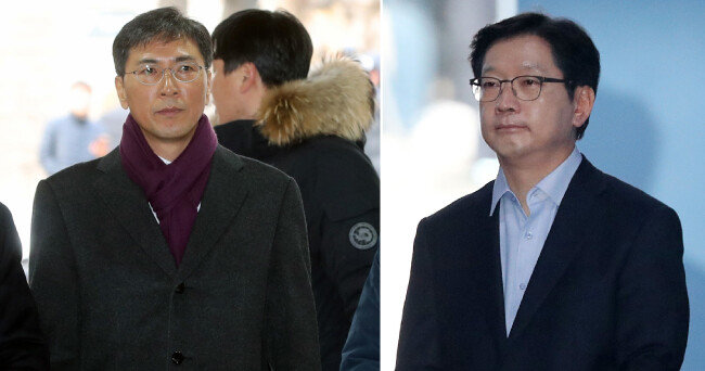 안희정 전 충남도지사(왼쪽)가 2월 1일 서울 서초구 서울고등법원에서 열린 2심 선고공판에 출석하고 있다. 1월 30일 댓글조작 공모 혐의로 징역2년을 선고받고 서울구치소에 수감되는 김경수 경남도지사. [송은석 동아일보 기자, 전영한 동아일보 기자]
