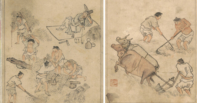 김홍도의 타작(왼쪽)과 논갈이. [국립중앙박물관]