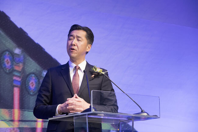 문현진 글로벌피스재단 의장이 2월 28일 GPC 2019 총회에서 기조연설을 하고 있다.