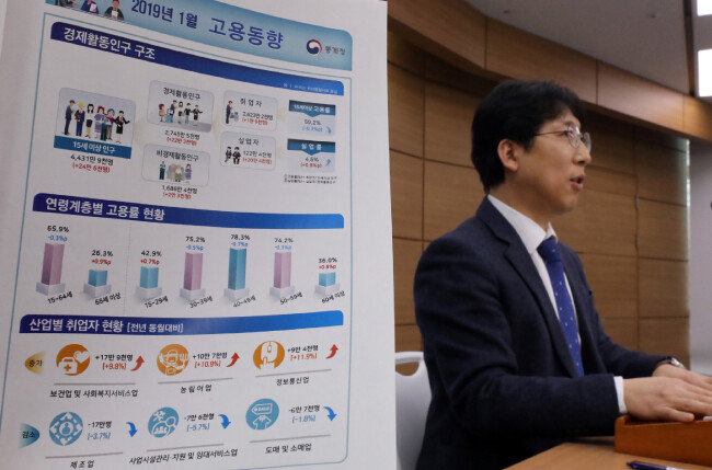 정동욱 통계청 고용통계과장이 2월 13일 정부세종청사 기획재정부에서 ‘1월 고용동향’ 브리핑을 하고 있다. [뉴스1]