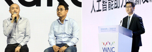 카카오 조수용·여민수 공동대표와 중국 텐센트 마화텅 회장(왼쪽부터). [뉴시스, AP=뉴시스]