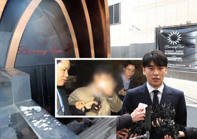 영업이 중단된 서울 강남 클럽 ‘버닝썬’ 입구, 3월 15일, 윤규근 총경이 서울지방경찰청에서 조사를 받고 귀가하는 모습, 그룹 빅뱅의 전 멤버 승리. (왼쪽부터) [뉴스1, KBS, 뉴시스]