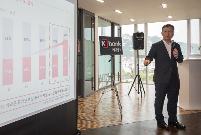심성훈 케이뱅크 은행장이 
2017년 9월 27일 서울 종로구 
케이뱅크 광화문 사옥에서 열린 ‘케이뱅크 중장기 경영전략 기자간담회’에서 발언하고 있다. [뉴스1]