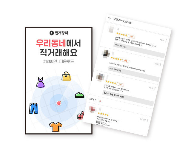 중고거래 앱 ‘번개장터’ 메인 화면(왼쪽). 기자가 번개장터에서 판매한 상품들에 대해 구매자들이 남긴 거래 후기와 별점.
