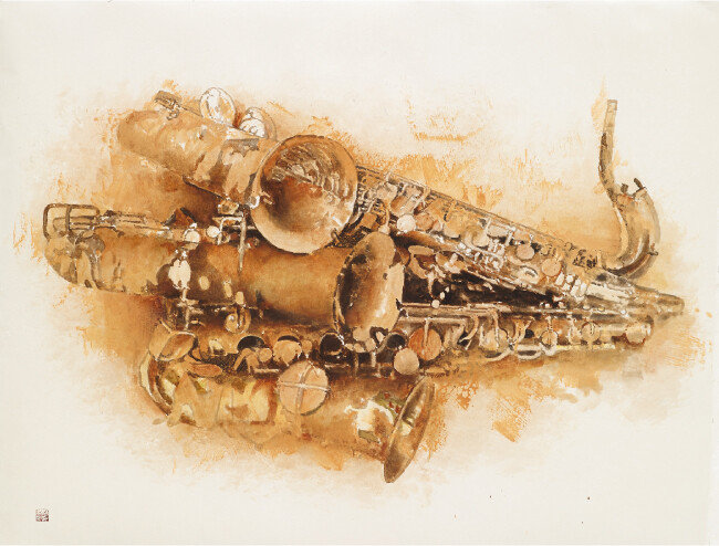 색소폰 Saxophne 한지 위에 흙, 유화물감, 먹 ink, oil color, and soil on paper 164x126cm 2017