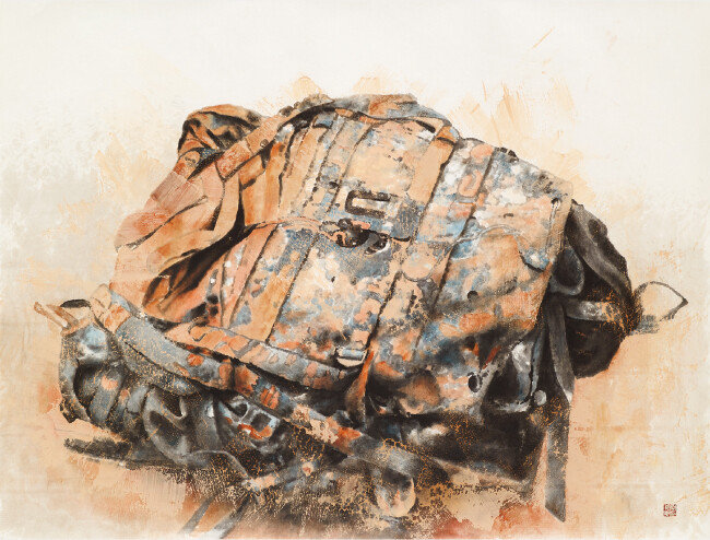 군용배낭 Military backpack 한지 위에 흙, 유화물감, 먹 ink, oil color, and soil on paper 164x126cm 2018