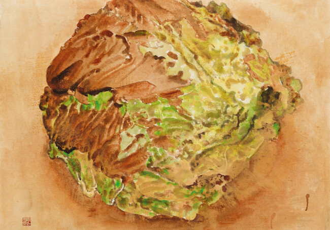 배추 Chinese cabbage 한지 위에 흙, 유화물감, 먹 ink, oil color, and soil on paper 82x63cm 2018
