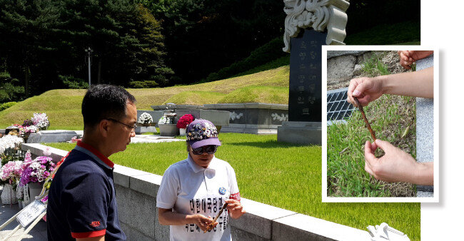 ‘쇠말뚝’을 처음 발견한 자원봉사자 A씨(흰 옷)가 조경 전문가와 얘기하고 있다. 취재 중 발견한 15cm 대못(작은 사진). [배수강 기자]
