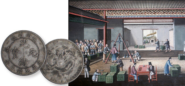 홍콩의 한 창고에서 열린 차 경매에 참석한 유럽 차 상인들(오른쪽).중국 은(銀) 동전(아래). [위키피디아, REX]