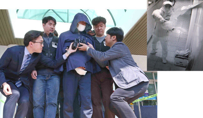 경남 진주 한 아파트에 불을 지르고 탈출하는 사람들을 무참히 살해한 안인득이 4월 18일 구속영장실질심사를 받으러 가는 모습(왼쪽)과 범죄 전 폭력적 성향을 드러내는 모습. 안인득은 조현병 환자지만 치료를 받지 않았다. [박경모 동아일보 기자]