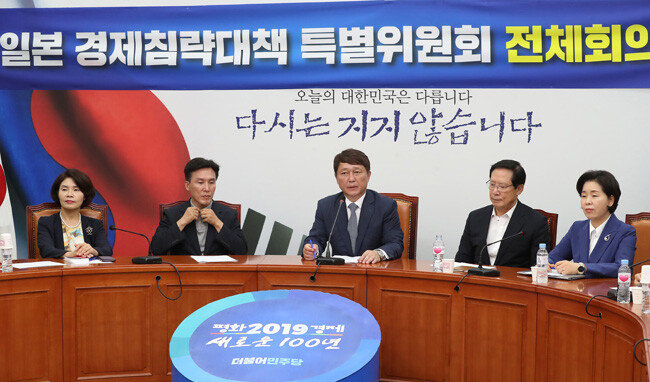 최재성 더불어민주당 일본경제침략대책특위 위원장(가운데)이 8월 5일 서울 여의도 국회에서 열린 이 위원회 전체회의에서 모두발언을 하고 있다.