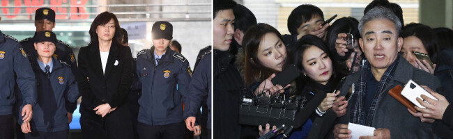 문화·예술계 ‘블랙리스트’ 작성에 관여한 혐의로 구속된 조윤선 전 문화체육관광부 장관이 2017년 1월 22일 특검 사무실에서 조사받기 위해 소환되고 있다(왼쪽). 다음 날 유진룡 전 문화체육관광부 장관이 ‘블랙리스트’ 의혹과 관련해 참고인 신분으로 조사를 받기 위해 특검 사무실에 출석하면서 취재진의 질문에 답하고 있다. [사진공동취재단]
