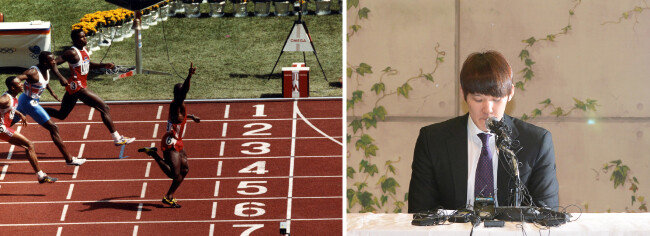 1988년 서울올림픽 육상 남자 100m 결선에서 캐나다의 벤 존슨이 오른팔을 치켜들며 1위로 들어오고 있다(왼쪽). 2015년 3월 27일 금지약물 사용으로 18개월 선수 자격 정지 처분을 받은 박태환 선수가 도핑 관련 기자회견을 하고 있다. [동아DB, 뉴시스]