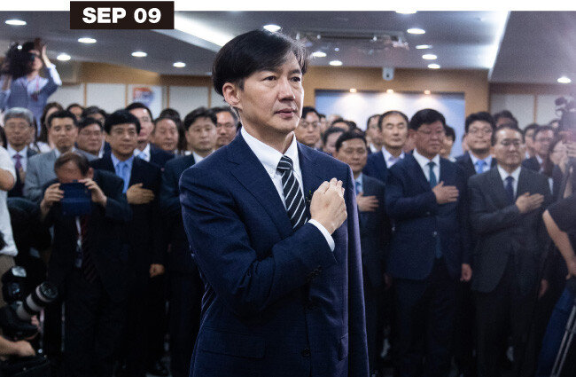 조국 신임 법무부 장관이 9월 9일 경기 과천시 법무부 대회의실에서 열린 취임식에서 국민의례를 하고 있다. 